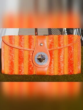 Vintage Kate Spade NY Straw Raffia & Leather "Ava" Clutch — Sunset Orange